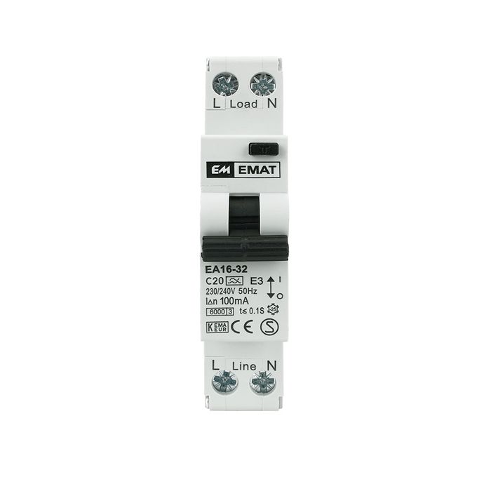 EMAT Aardlekautomaat 1-polig+nul 20A C-kar 100mA