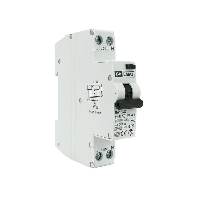 EMAT aardlekautomaat 1-polig+nul 16A C-kar 30mA